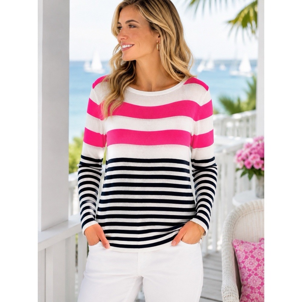 Lilly Pulitzer Women Sweater Maria Boatneck Large Pink Navy Striped Preppy Top